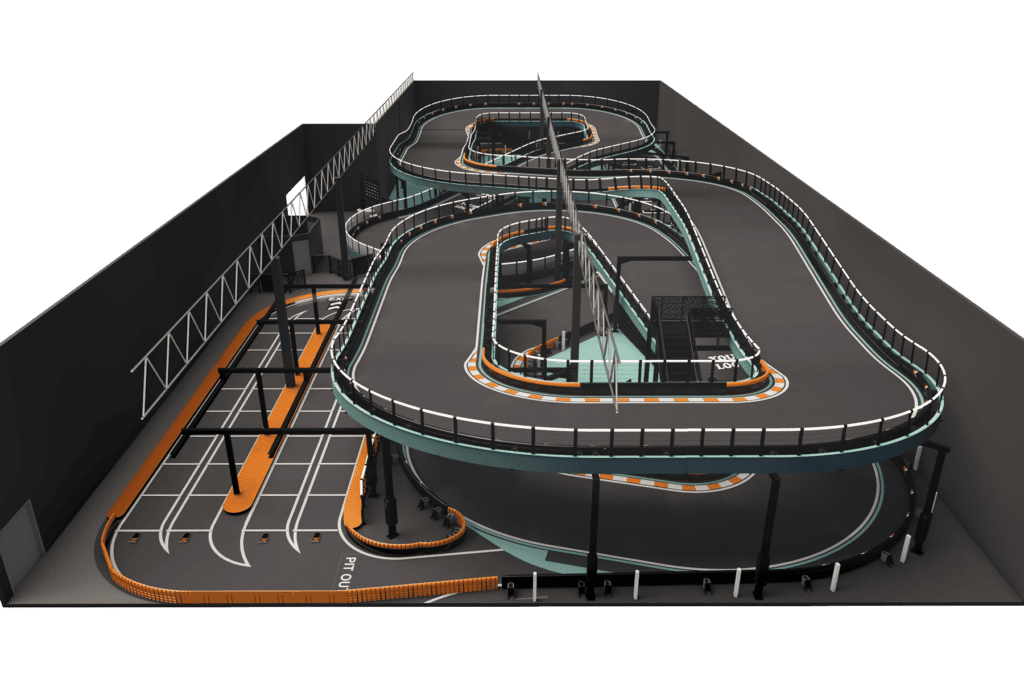 Multi-level, indoor go kart track rendering for Kokomo Joe's St. Peters MO