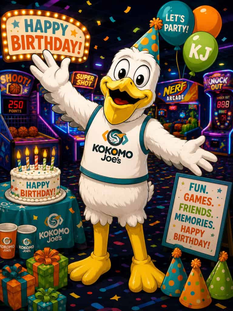 Kokomo Joe's Mascot KJ at Birthday Party in Arcade at Kokomo Joe's in St. Peters MO
